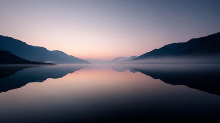 Fototapeta premium Serene lake reflection at dawn, with tranquil atmosphere and stunning mountains