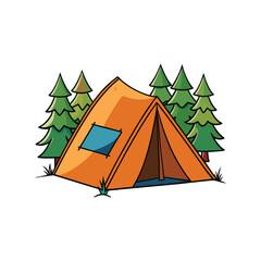 Camping tent in forest vector illustration, outdoor travel adventure in woods, nature landscape with pine trees and campsite