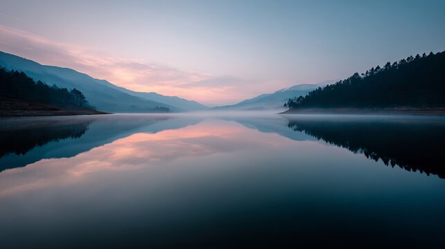 Serene lake reflecting distant mountains at twilight in peaceful atmosphere