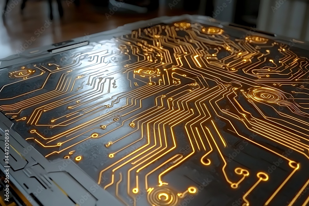 Poster intricate circuit board design with glowing lines and patterns