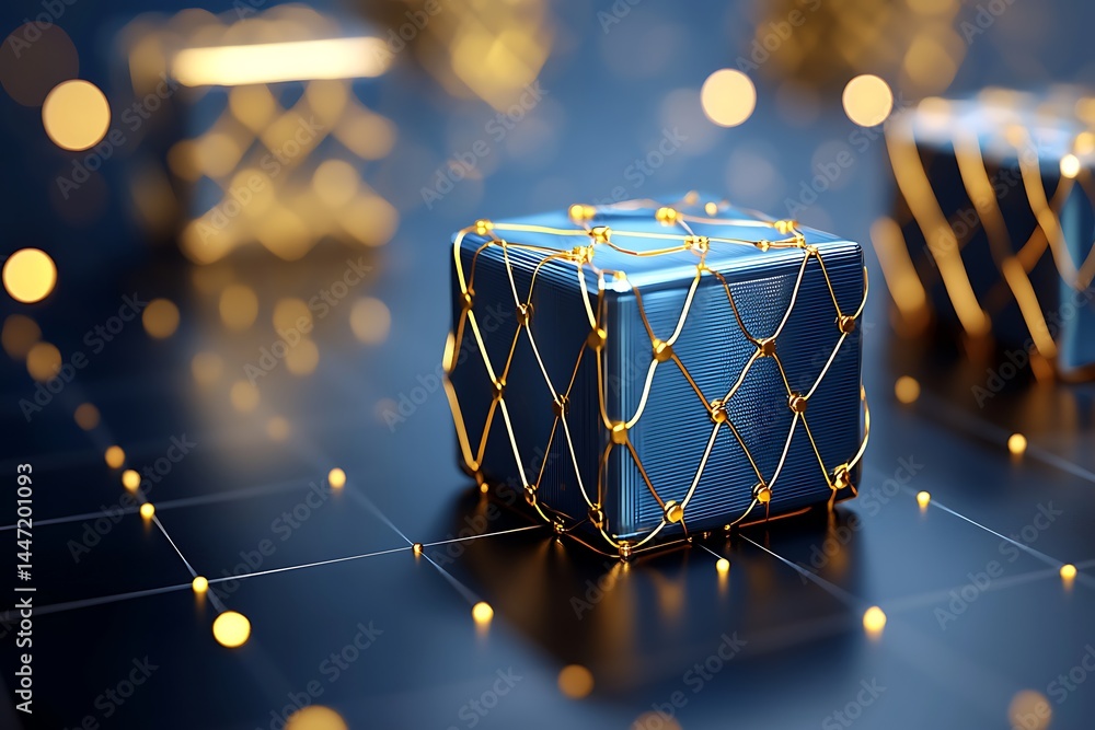 Poster elegant 3d blue cube with golden mesh and bokeh background
