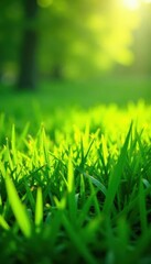 Emerald green grass, freshly cut, spring sunlight , outdoor, top view