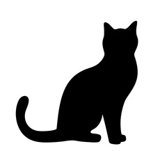 Elegant black silhouette of a seated vector cat against a stark white backdrop