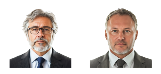 Two confident mature businessman studio portraits, headshot. cut out transparent
