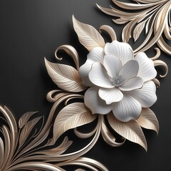 Golden floral design with a white frangipani blossom on a black backdrop evokes tropical beauty