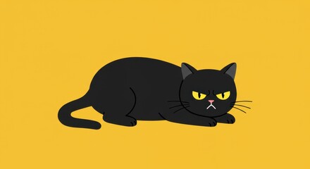 Obraz premium Angry Black Cat Cartoon Illustration on Yellow Background