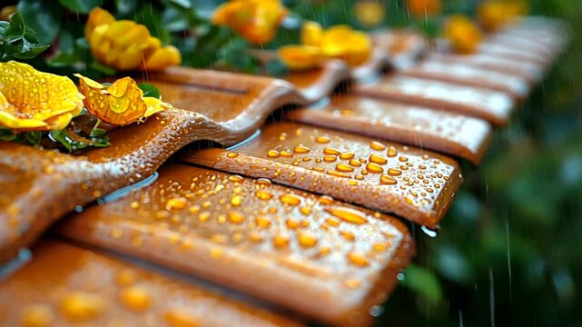 Wet terracotta tiles with yellow flowers.