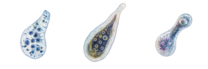 A set of moving amoebas under a microscope, isolated on transparent Background