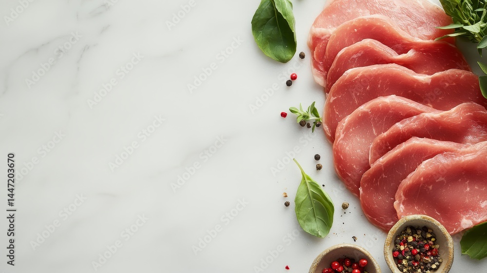 Poster thinly sliced chicken breast is arranged in a circular pattern on a marble surface, enhanced with fr