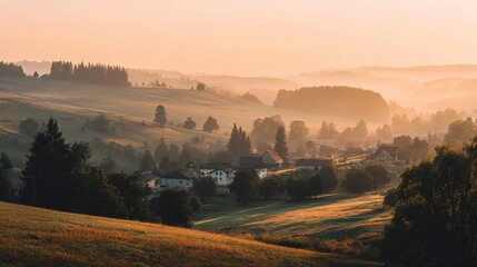 Fototapeta premium Calm Sunrise Over Rural Village with Soft Yellow Light