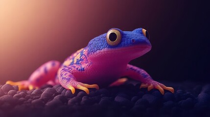 Naklejka premium Enigmatic amphibian vibrantly colored in shades of rose and azure an otherworldly beauty with gold accents against a shadowy backdrop captivating amphibian portrait