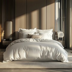 Luxurious white bedding set in a modern bedroom