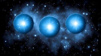 Three Glowing Celestial Bodies in a Dark Nebula Cosmic Space Scene