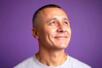 Fototapeta premium Elegant men's buzz cut haircut - midlife white man with black hair. A classy midlife man with a timeless look. Artwork of style for aging men. Purple solid background.