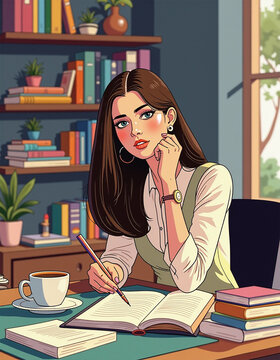A  Beatiful looking women sitting in her office Desk with laptopp, a coffe cup in the table she is looking at the camera