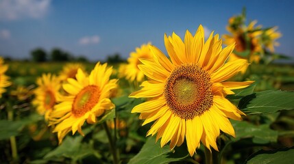 Obraz premium Bright Yellow Sunflowers in Full Bloom Under Clear Blue Sky