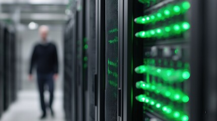 Data center technician walking among glowing server racks  