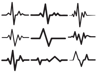 Black heartbeat line collection with heart symbol, cardiology, medical pulse, ECG, EKG design, healthcare clipart vector illustration on white background