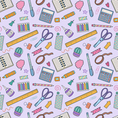 Abstract seamless pattern with doodle school supplies. Hand drawn graphic paper background. Back to school. Education concept. Vector illustration
