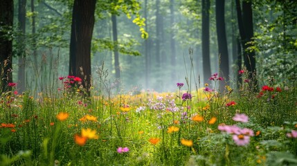 Fototapeta premium A forest scene with a small clearing filled with wildflowers and grasses.