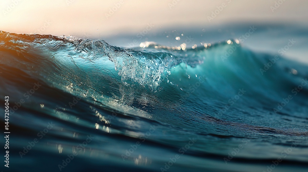 Poster close up of ocean wave crest with sunlight reflection and texture