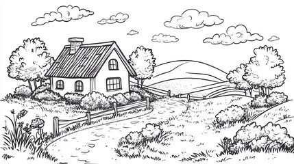 A charming country house nestled amidst rolling hills and fields, depicted in a black and white line drawing style. Lush greenery surrounds the house, and a winding path leads to it. 