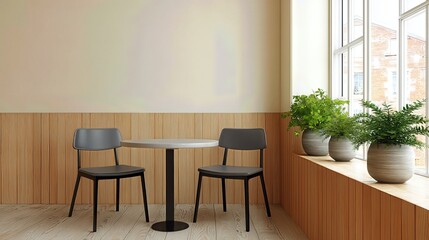 A minimalist café interior features two tables with gray chairs, natural wood accents, and soft sunlight streaming through a large window.
