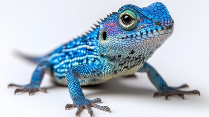 Fototapeta premium Vibrant blue lizard portrait showcasing intricate skin patterns and unique coloration against a minimalist background creating visual curiosity and wonder