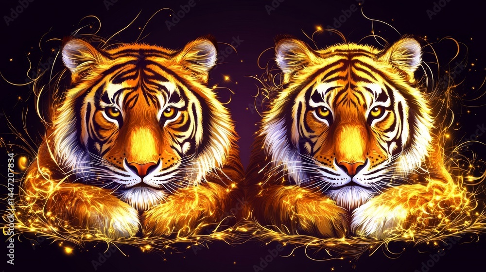 Poster fiery twin tiger heads with glowing effects and bold contrast creating a visually striking impactful