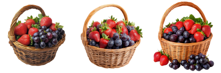 A set of wicker baskets filled with fresh strawberries and grapes, isolated on transparent Background