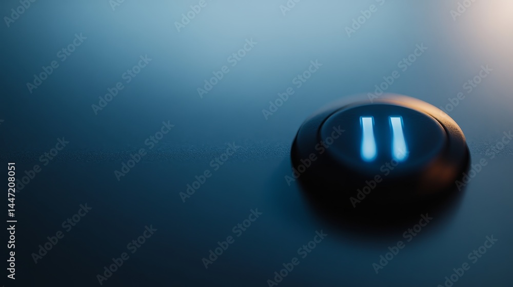 Poster A close-up view showcases a sleek power button featuring a glowing blue LED light against a white background, ideal for displaying text or graphics