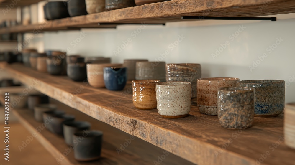 Poster close-up view of handcrafted pottery arranged on a wooden shelf, showcasing unique textures and eart