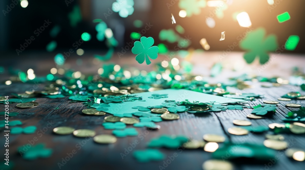 Poster a close-up view captures a festive greeting card with a clover design, adorned with gold coins and g