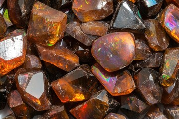Close-up view of many faceted brown stones.