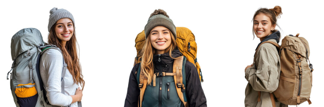 A set of smiling girls with backpacks on hikes, isolated on transparent Background