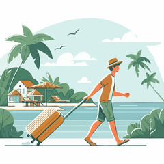 Man walking with suitcase near tropical resort