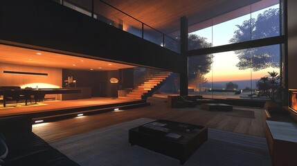 Modern Luxury Home Interior Design Sunset View Spacious Room Warm Wood Sofa Cozy Dark House Villa   