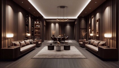 Interior layout of a dark hall in brown mocha-mousse color