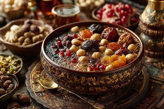 Aşure, also known as Asure Noah's pudding in the bowl, is a legume and dried fruit delicacy. Generative Ai