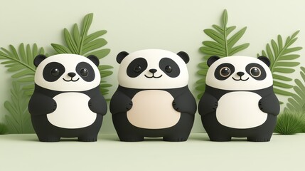Adorable pixelated panda bears trio standing cheerfully against a tranquil green backdrop perfect for children's products and decoration elements