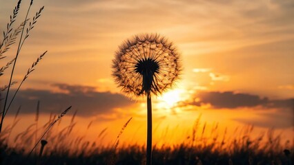Fototapeta premium Dandelion seed head silhouetted against a vibrant sunset in a grassy field