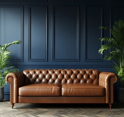 Brown Leather Tufted Sofa in Elegant Dark Blue Room