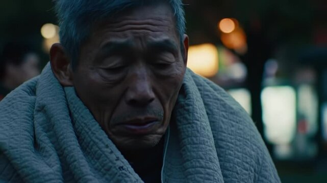 Man in blanket reflects solitude in city night