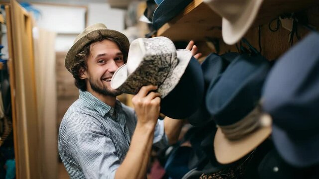 A cheerful young man happily selecting hats in a vintage shop, embodying the joy of fashion and self-expression through unique styles and accessories.