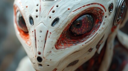 Close-up view of a futuristic alien head design.