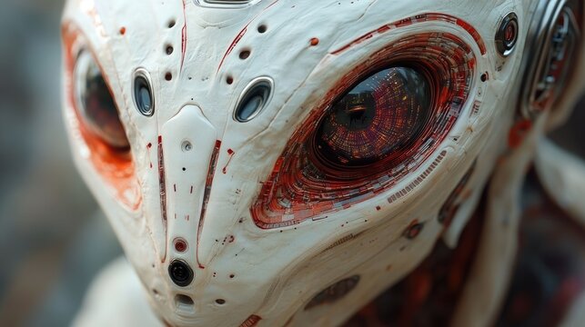 Close-up view of a futuristic alien head design.