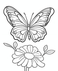 Obraz premium Butterfly and flowers Coloring page, sunflower art, white background vector art, line art, artline, illustration