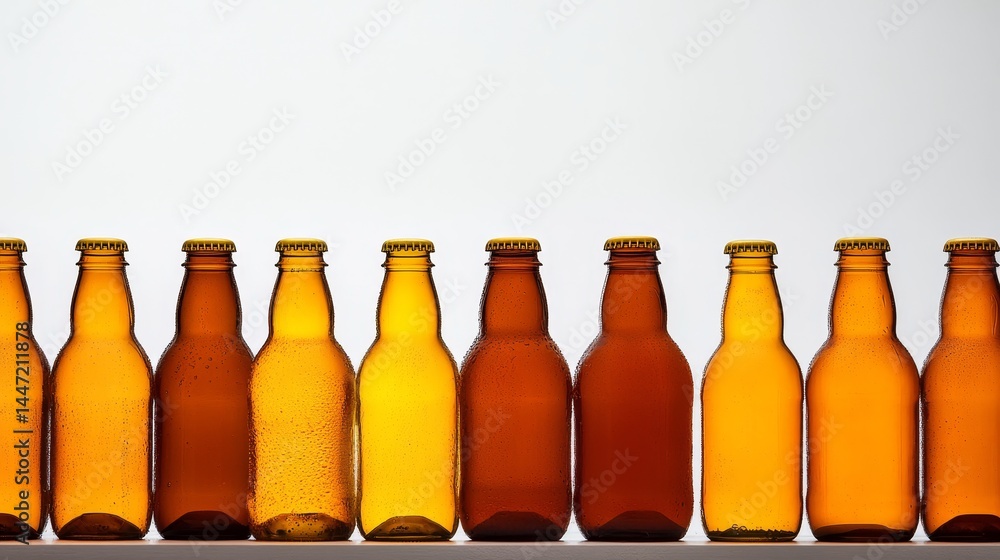 Poster beverage bottling equipment operates with precision, filling glass bottles in a clean industrial env