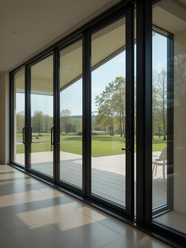 Modern sliding doors with panoramic glass windows opening in the interior of a modern country private house.