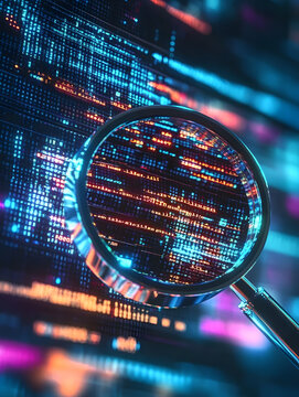 showing a magnifying glass over a computer screen with lines of code